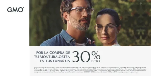 Promoción GMO con 30% de descuento en lunas por la compra de una montura.