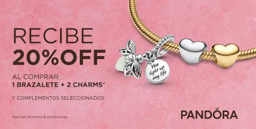 Promoción Pandora con 20% de descuento al comprar 1 brazalete y 2 charms seleccionados.
