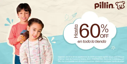 Promoción Pillin con hasta 60% de descuento en toda la tienda de ropa infantil.