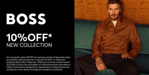 Promoción BOSS con 10% de descuento en productos seleccionados de la nueva colección.