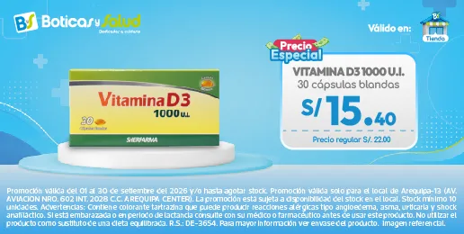 Promoción Boticas y Salud de Vitamina D3 1000 U.I. con 30 cápsulas a S/ 15.40.