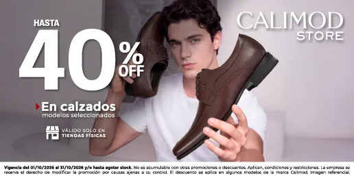 Promoción Calimod Store con hasta 40% de descuento en modelos seleccionados de calzado para hombre.