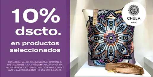 Bolso Chula Tulum con diseño mandala y 10% de descuento en productos seleccionados.