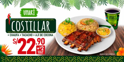 Promoción Umarí con costillar, chaufa, tacacho y ají de cocona a S/ 22.90.