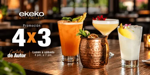 Promoción Ekeko Grill Peruano 4x3 en cócteles de autor de lunes a sábado.