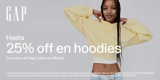Promoción GAP con hasta 25% de descuento en hoodies seleccionados en Cenco La Molina.