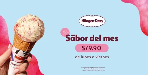 Promoción Häagen-Dazs Sabor del Mes a S/ 9.90 de lunes a viernes.