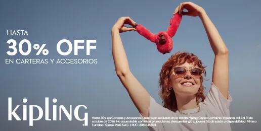 Promoción Kipling con hasta 30% de descuento en carteras y accesorios seleccionados.
