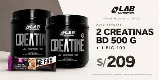 Pack Lab Nutrition con 2 creatinas BD de 500 g y 1 barra BIG 100 a S/ 209.
