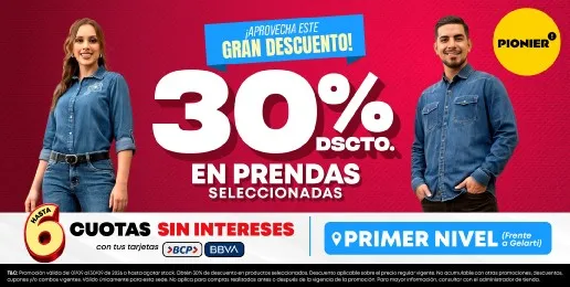 Promoción Pionier con 30% de descuento en prendas seleccionadas para hombre y mujer.