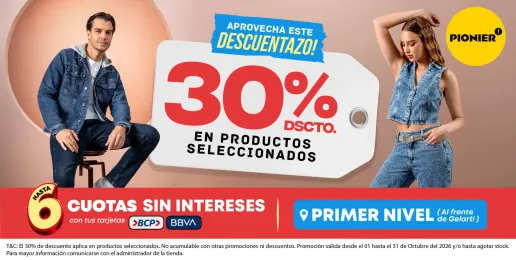 Promoción Pionier con 30% de descuento en productos seleccionados para hombre y mujer.