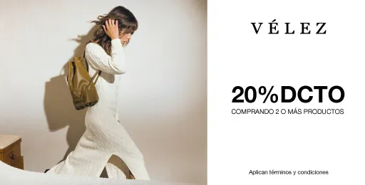 Promoción Vélez con 20% de descuento comprando 2 o más productos seleccionados.